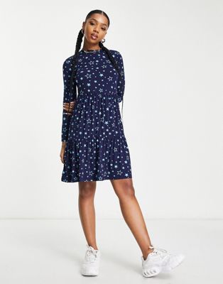 Pieces long sleeve maxi dress in navy print