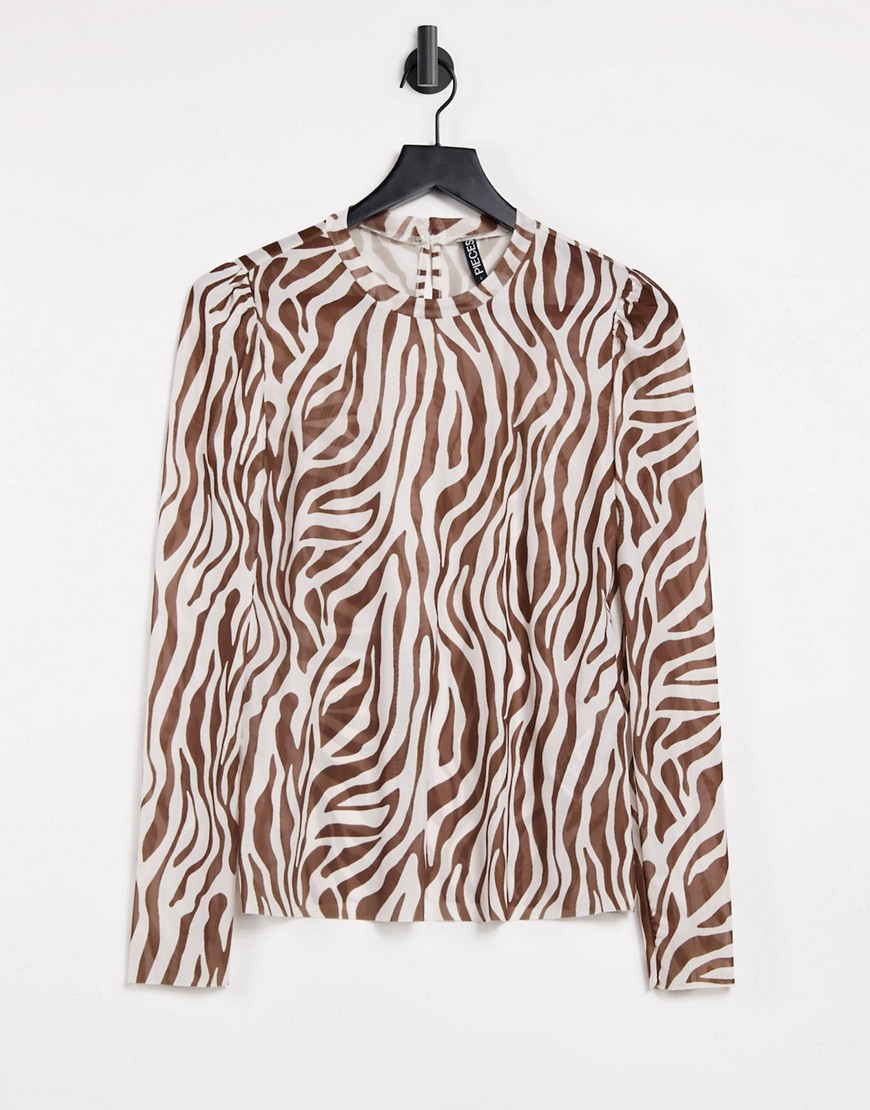 Pieces long sleeve mesh t-shirt in zebra print-Multi