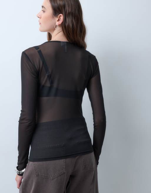 Pieces long sleeve mesh top in black, 3 of 4