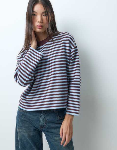 Pieces long sleeve oversized knitted jumper in brown and light blue stripe - view 1