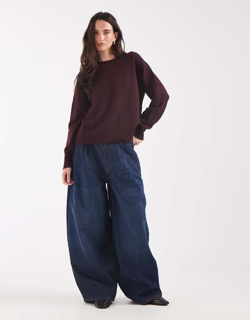 Pieces long sleeve oversized knitted jumper in burgundy, 2 of 4
