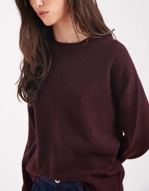 Pieces long sleeve oversized knitted jumper in burgundy, 3 of 4