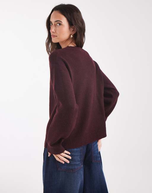 Pieces long sleeve oversized knitted jumper in burgundy, 4 of 4