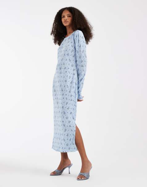 Pieces long sleeve plisse midi dress in ditsy blue floral print  - view 1