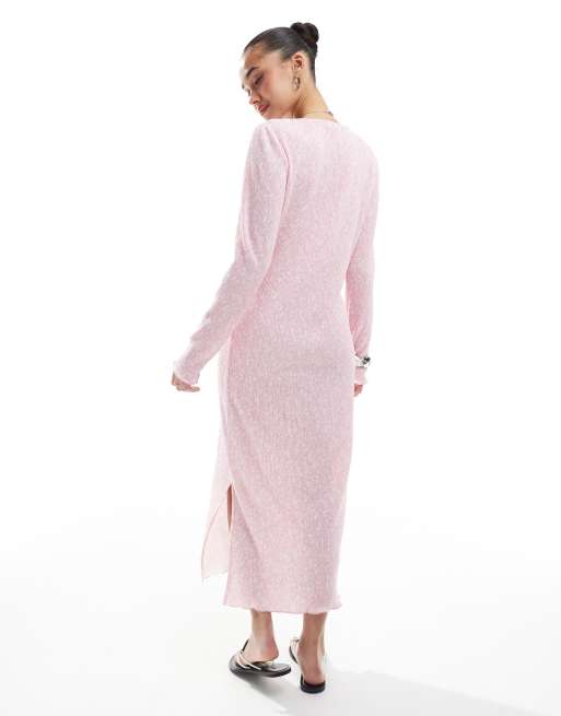 Pieces long sleeve plisse midi dress in ditsy pink floral print