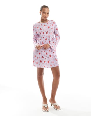 long sleeve plisse mini dress in lavender floral print-Purple