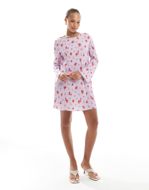 Pieces long sleeve plisse mini dress in lavender floral print - view 1