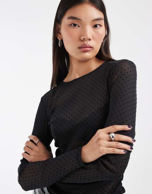 Pieces long sleeve polka dot sheer mesh top in black, 3 of 4