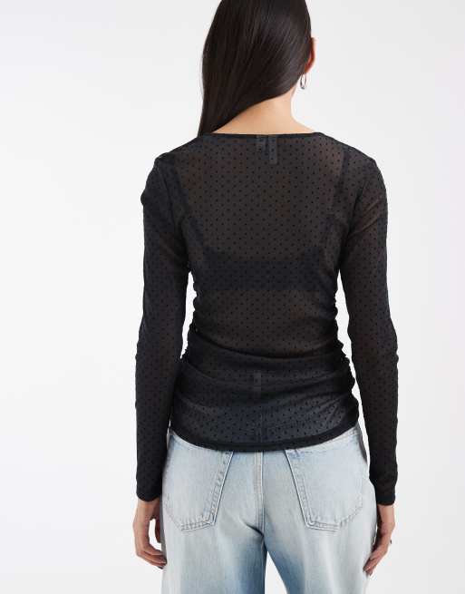 Pieces long sleeve polka dot sheer mesh top in black, 4 of 4