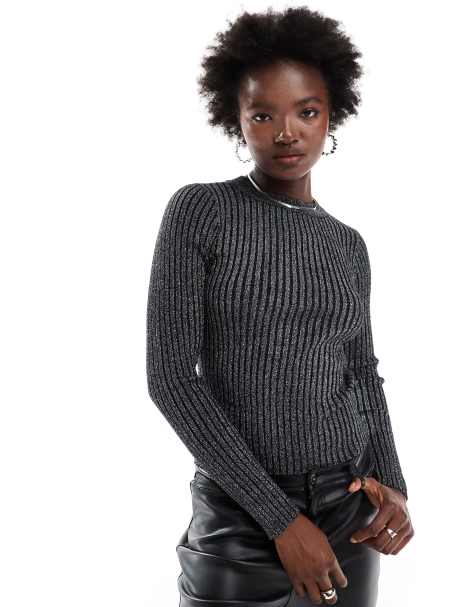 Pieces long sleeve ribbed knit top in silver glitter - view 1