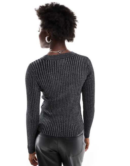 Pieces long sleeve ribbed knit top in silver glitter | ASOS