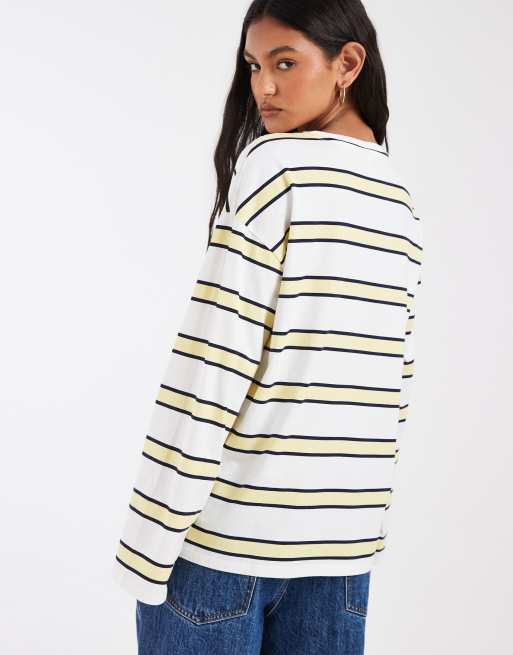 Pieces long sleeve rubgy stripe t-shirt in yellow and blue stripe, 4 of 4