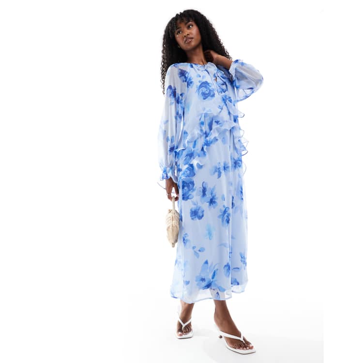 Pieces long sleeve ruffle maxi dress in pale blue flower | ASOS