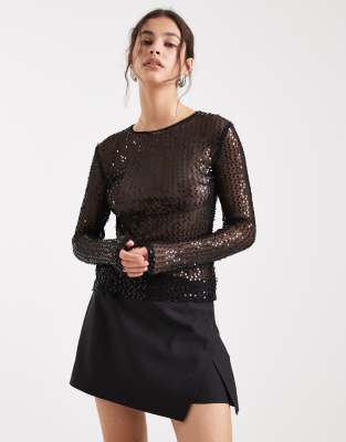 Pieces Long Sleeve Sequin Top In Black