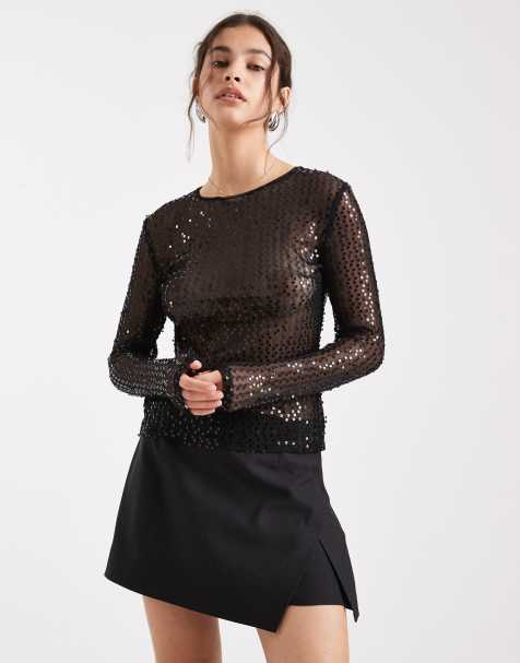 Pieces long sleeve sequin top in black