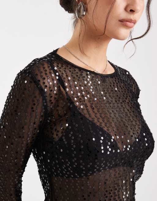 Pieces long sleeve sequin top in black, 2 of 4