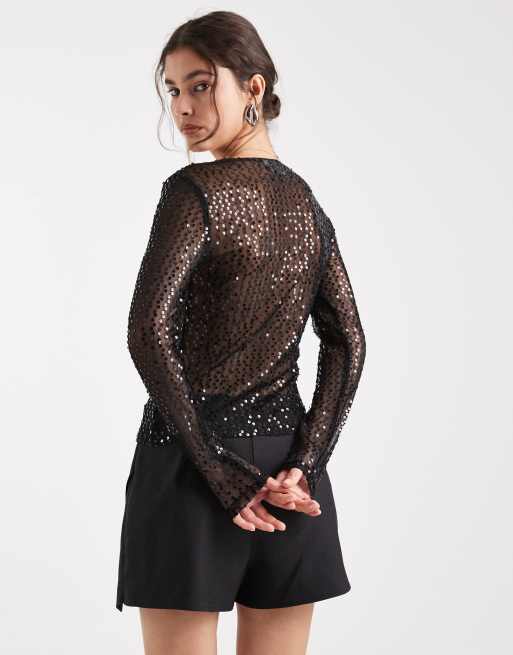 Pieces long sleeve sequin top in black, 4 of 4