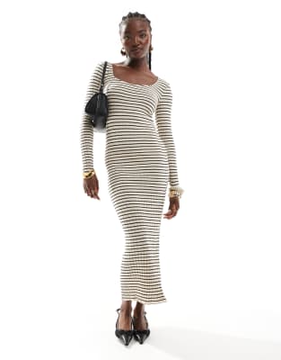 long sleeve square neck ribbed maxi dress in birch cream and black stripe-Multi