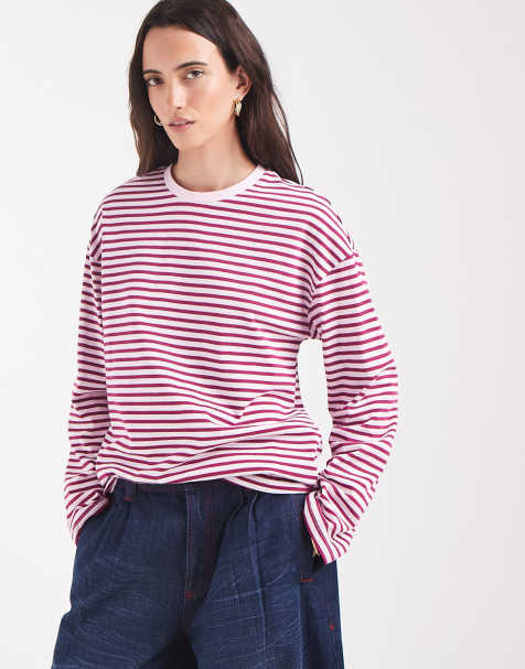 Pieces long sleeve super soft t-shirt in pink and white stripe - view 1