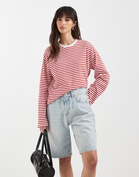 Pieces long sleeve super soft t-shirt in red and white stripe  - view 1
