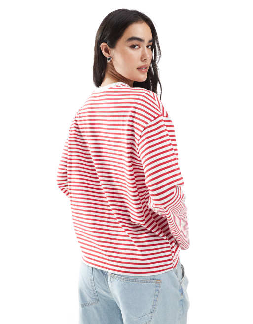 Pieces long sleeve super soft t-shirt in red stripe