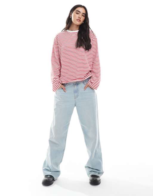 Pieces long sleeve super soft t-shirt in red stripe