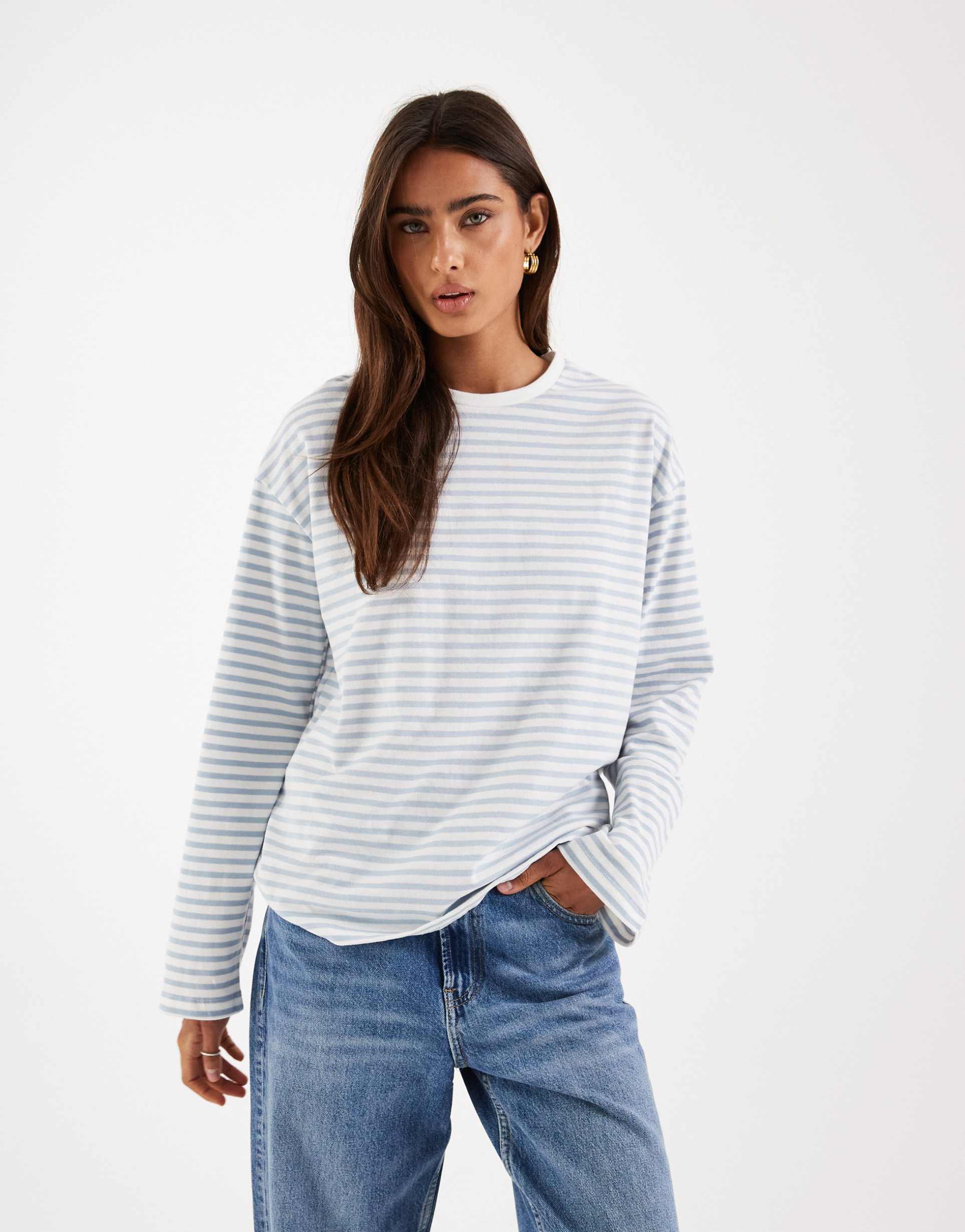 pieces long sleeve super soft t-shirt white stripe