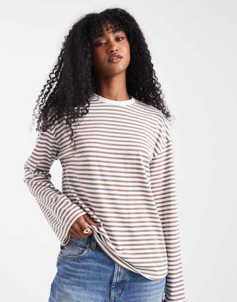 Pieces long sleeve t-shirt in beige stripes - view 1