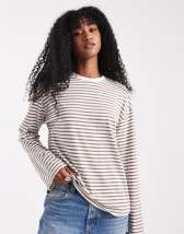 Lioness Bloom long sleeve crew neck boxy T-shirt in beige & navy stripe