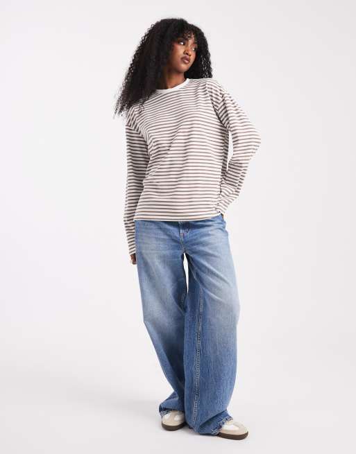 Pieces long sleeve t-shirt in beige stripes