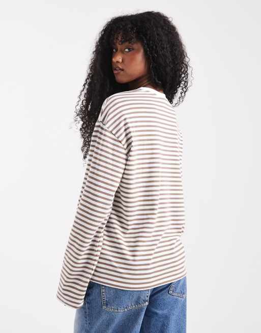 Pieces long sleeve t-shirt in beige stripes