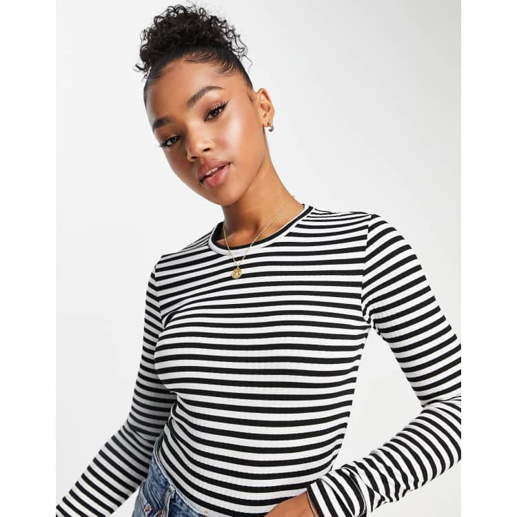 Pieces long sleeve t shirt in black and white stripe ASOS