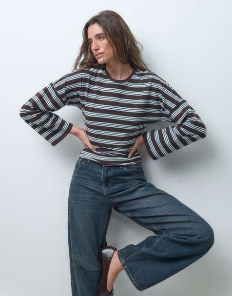 Pieces long sleeve t-shirt in brown and light blue stripe - view 1