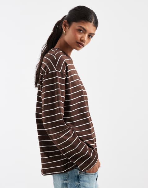 PIECES long sleeve t-shirt in brown stripe - view 1