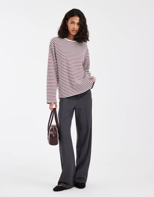 Pieces long sleeve t-shirt in burgundy and white stripe, 2 of 4