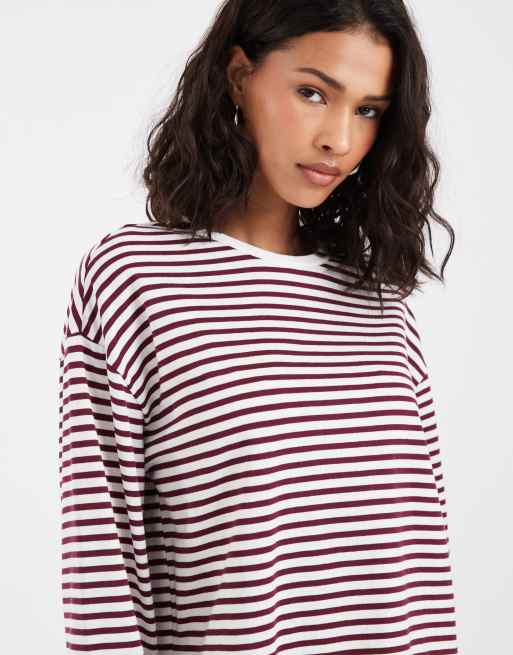 Pieces long sleeve t-shirt in burgundy and white stripe, 3 of 4
