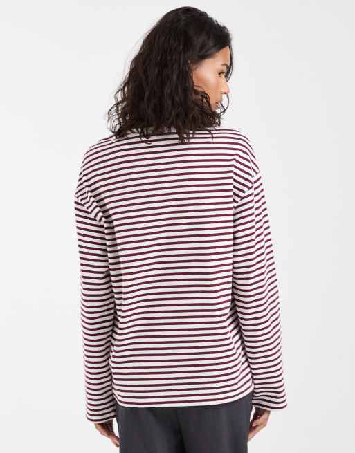 Pieces long sleeve t-shirt in burgundy and white stripe, 4 of 4