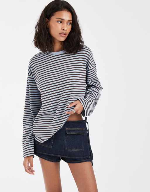 Pieces long sleeve t-shirt in light blue and brown stripe, 2 of 4