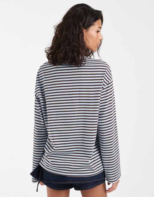 Pieces long sleeve t-shirt in light blue and brown stripe, 4 of 4