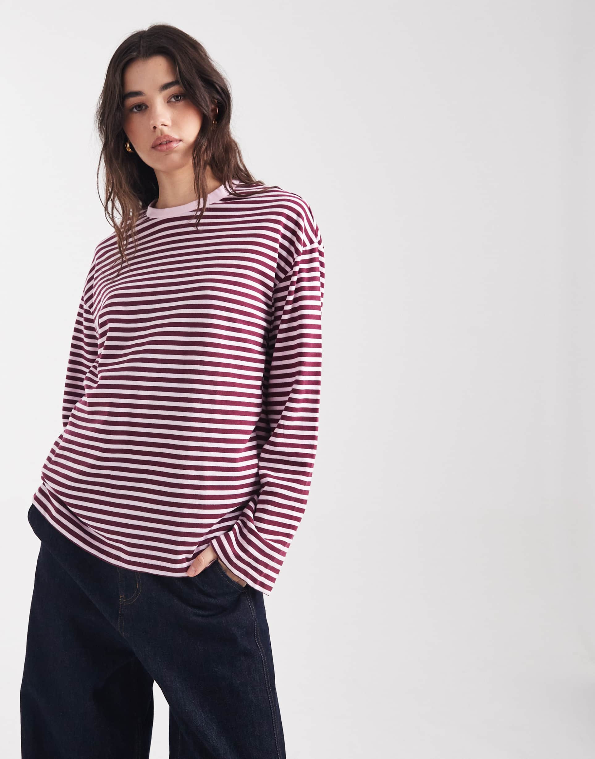 pieces long sleeve t-shirt in pink and burgundy stripe