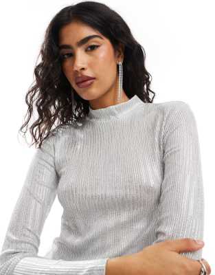 Pieces Long Sleeve Textured Top In Silver