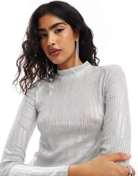 Pieces long sleeve textured top in silver - view 1