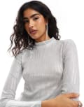 [Pieces] Pieces long sleeve textured top in silver L Silver