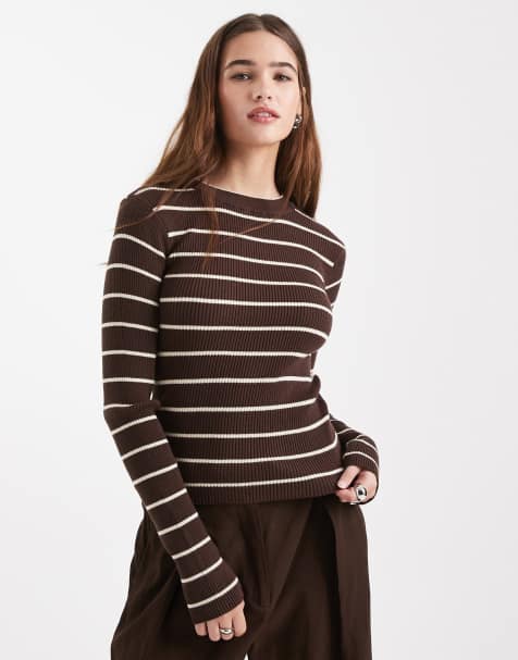 Pieces ribbed knitted top in brown and cream stripe