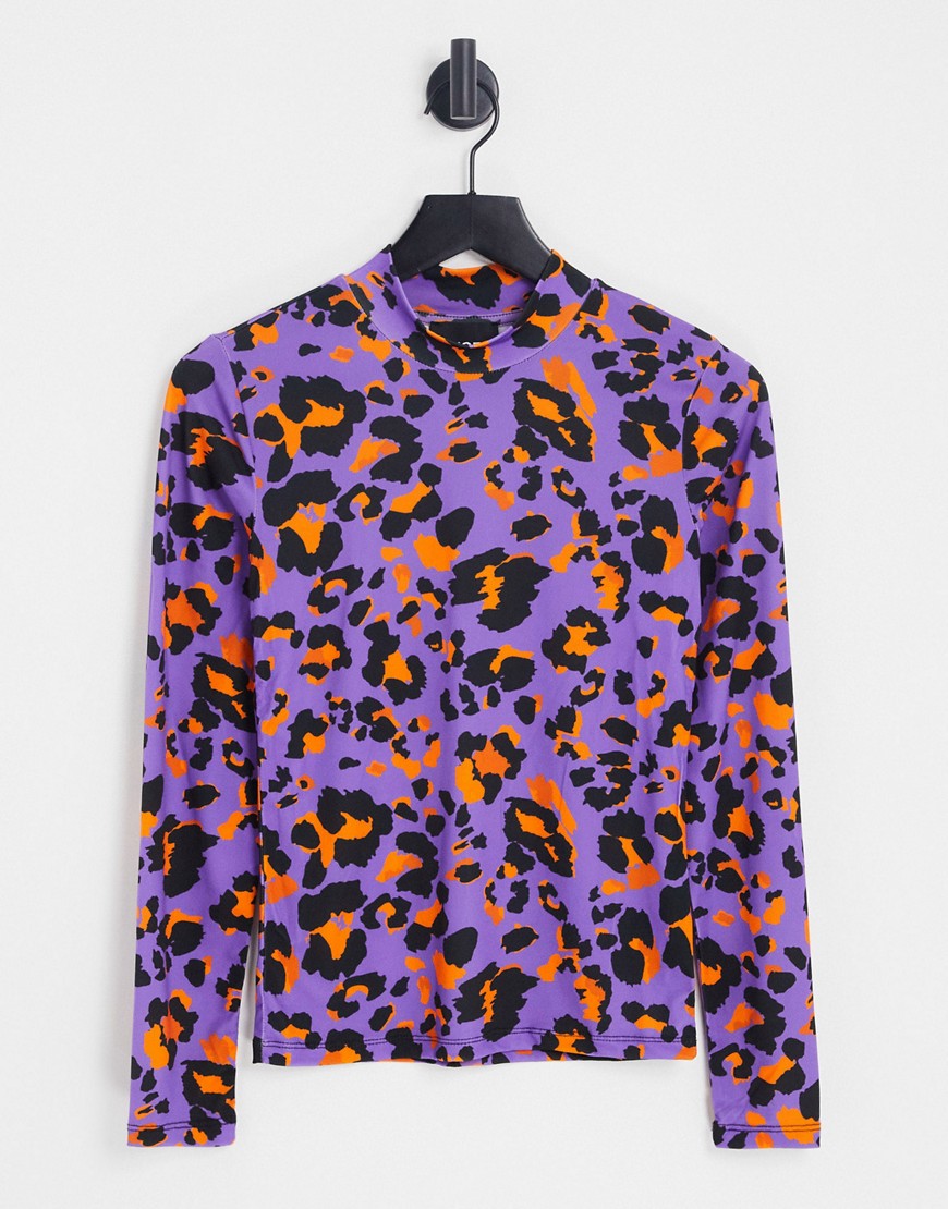 Pieces long sleeve top in purple animal print