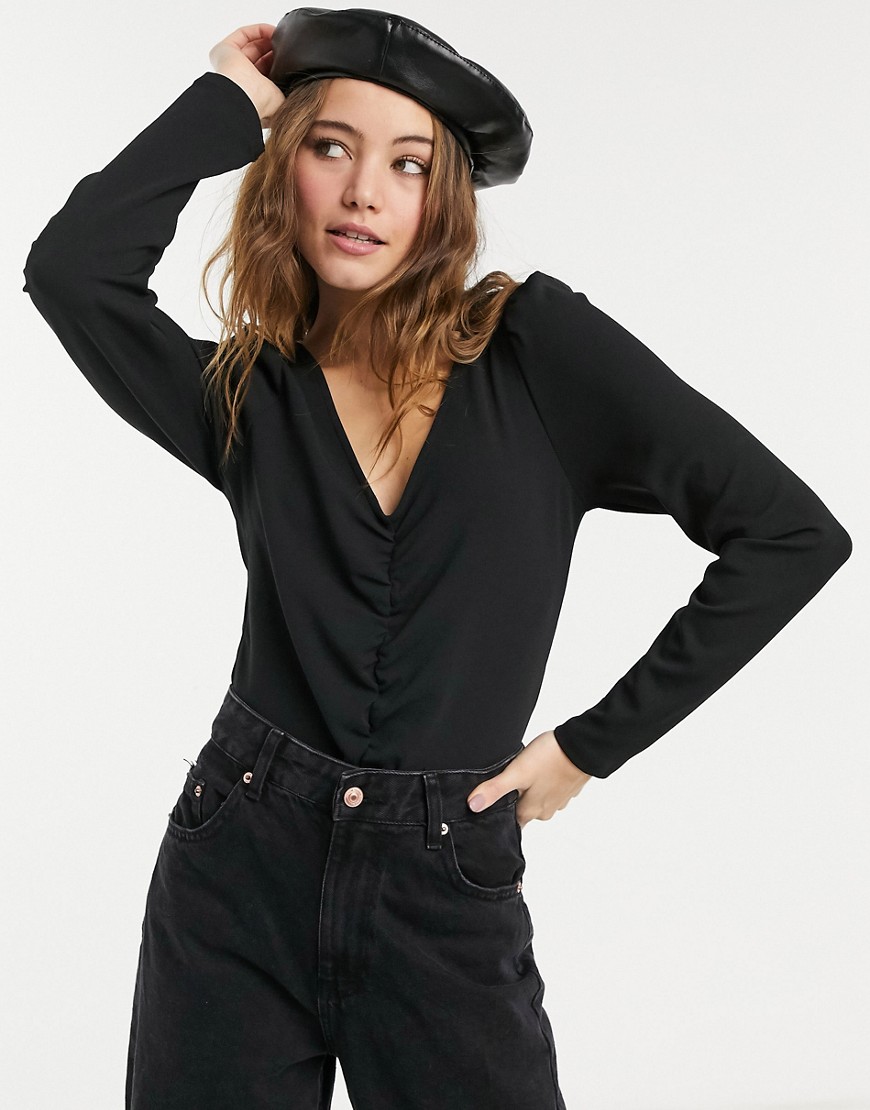 Pieces long sleeve top with ruched front in black