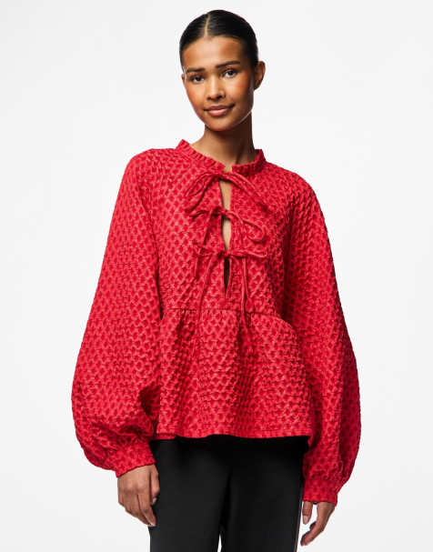 Pieces Long sleeved blouse in high risk red - view 1