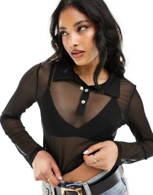 Pieces Long Sleeved Mesh Polo Top In Black