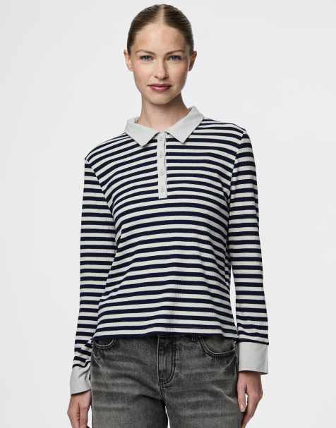 Pieces Long-sleeved polo in maritime blue 1 - view 1