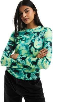 Pieces Long Sleeved Tie Dye Jersey Top In Green